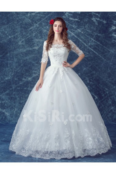 Lace, Organza Off-the-Shoulder Floor Length Half Sleeve Ball Gown Dress with Embroidered, Rhinestone