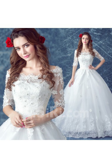 Lace, Organza Off-the-Shoulder Floor Length Half Sleeve Ball Gown Dress with Embroidered, Rhinestone