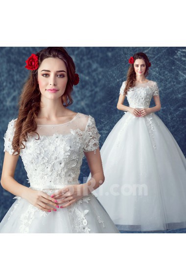 Tulle Scoop Floor Length Short Sleeve Ball Gown Dress with Rhinestone, Bow