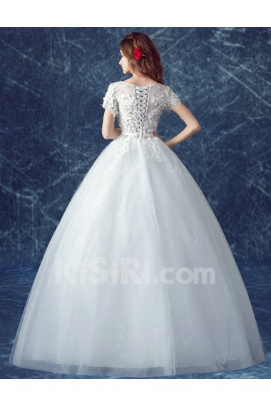 Tulle Scoop Floor Length Short Sleeve Ball Gown Dress with Rhinestone, Bow