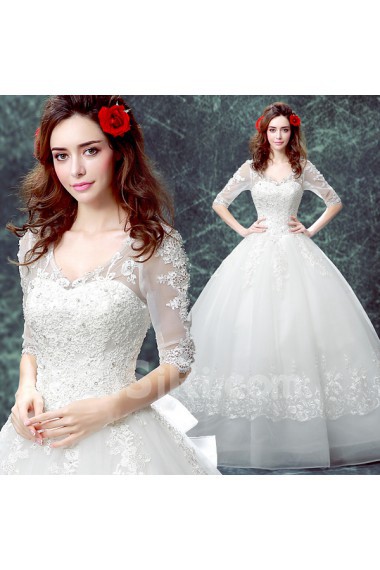 Organza V-neck Floor Length Half Sleeve Ball Gown Dress with Embroidered, Bow