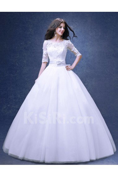 Lace, Organza Scoop Floor Length Half Sleeve Ball Gown Dress with Bow