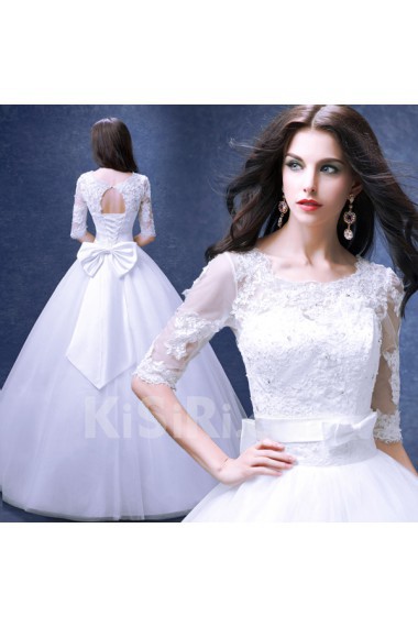 Lace, Organza Scoop Floor Length Half Sleeve Ball Gown Dress with Bow