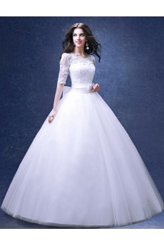 Lace, Organza Scoop Floor Length Half Sleeve Ball Gown Dress with Bow