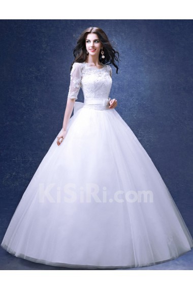 Lace, Organza Scoop Floor Length Half Sleeve Ball Gown Dress with Bow