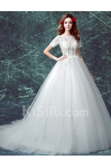 Lace, Organza Jewel Chapel Train Short Sleeve Ball Gown Dress