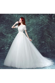 Lace, Organza Jewel Chapel Train Short Sleeve Ball Gown Dress