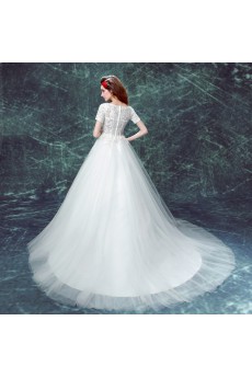 Lace, Organza Jewel Chapel Train Short Sleeve Ball Gown Dress