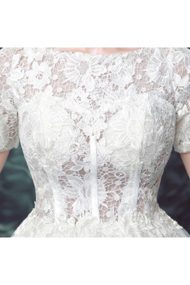 Lace, Organza Jewel Chapel Train Short Sleeve Ball Gown Dress