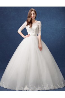 Lace, Tulle Scoop Floor Length Half Sleeve Ball Gown Dress with Bow, Pearl