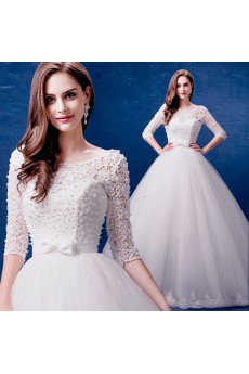 Lace, Tulle Scoop Floor Length Half Sleeve Ball Gown Dress with Bow, Pearl