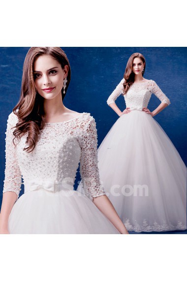 Lace, Tulle Scoop Floor Length Half Sleeve Ball Gown Dress with Bow, Pearl