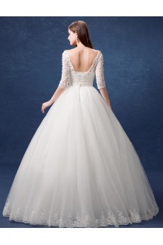 Lace, Tulle Scoop Floor Length Half Sleeve Ball Gown Dress with Bow, Pearl