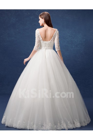 Lace, Tulle Scoop Floor Length Half Sleeve Ball Gown Dress with Bow, Pearl