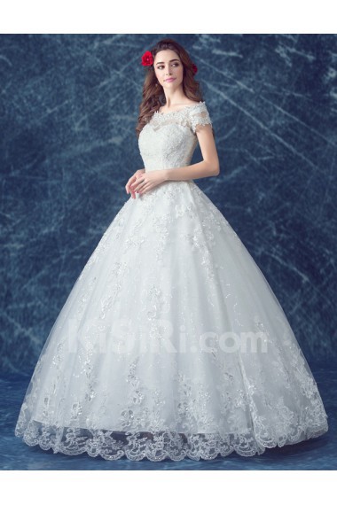 Tulle, Lace Off-the-Shoulder Floor Length Ball Gown Dress with Pearl