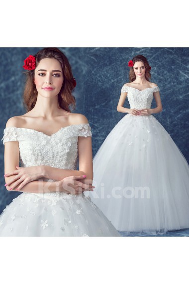 Tulle Off-the-Shoulder Floor Length Ball Gown Dress with Lace, Pearl