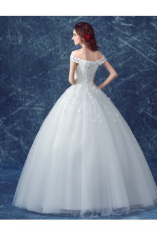 Tulle Off-the-Shoulder Floor Length Ball Gown Dress with Lace, Pearl