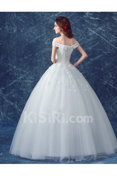 Tulle Off-the-Shoulder Floor Length Ball Gown Dress with Lace, Pearl