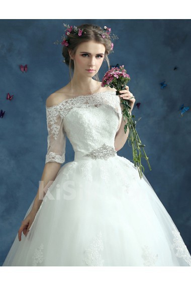 Organza Off-the-Shoulder Floor Length Half Sleeve Ball Gown Dress with Rhinestone, Sash