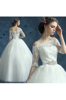 Organza Off-the-Shoulder Floor Length Half Sleeve Ball Gown Dress with Rhinestone, Sash