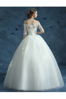 Organza Off-the-Shoulder Floor Length Half Sleeve Ball Gown Dress with Rhinestone, Sash