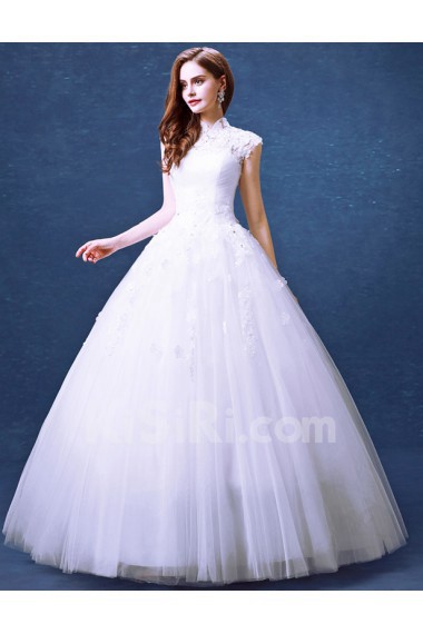 Lace, Tulle High Collar Floor Length Cap Sleeve Ball Gown Dress with Rhinestone