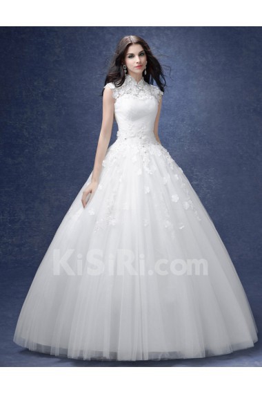 Tulle, Lace High Collar Floor Length Cap Sleeve Ball Gown Dress with Rhinestone