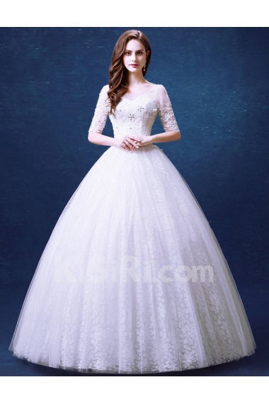 Lace, Tulle Scoop Floor Length Half Sleeve Ball Gown Dress with Rhinestone, Sequins