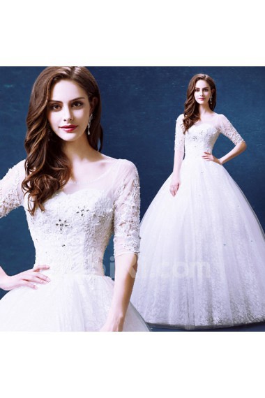 Lace, Tulle Scoop Floor Length Half Sleeve Ball Gown Dress with Rhinestone, Sequins