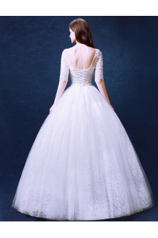 Lace, Tulle Scoop Floor Length Half Sleeve Ball Gown Dress with Rhinestone, Sequins