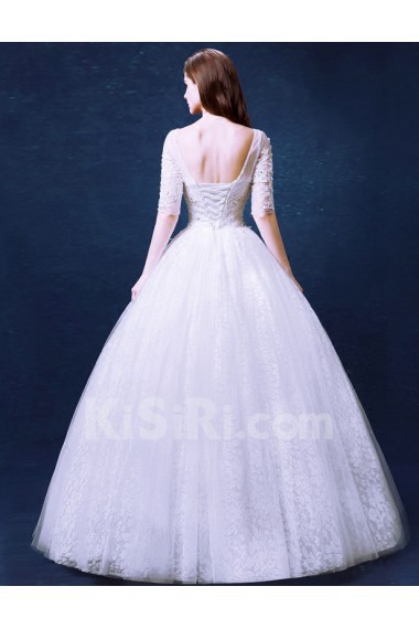 Lace, Tulle Scoop Floor Length Half Sleeve Ball Gown Dress with Rhinestone, Sequins