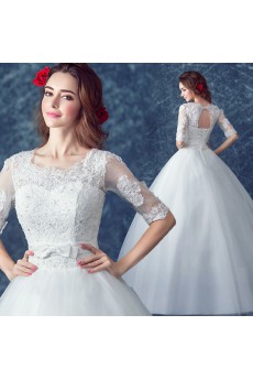 Tulle Square Floor Length Half Sleeve Ball Gown Dress with Bow, Sequins