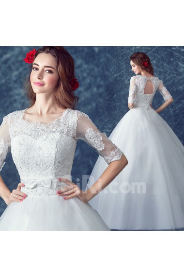 Tulle Square Floor Length Half Sleeve Ball Gown Dress with Bow, Sequins