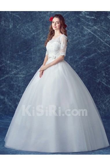 Tulle Square Floor Length Half Sleeve Ball Gown Dress with Bow, Sequins