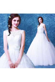 Tulle, Lace Jewel Floor Length Cap Sleeve Ball Gown Dress with Sash