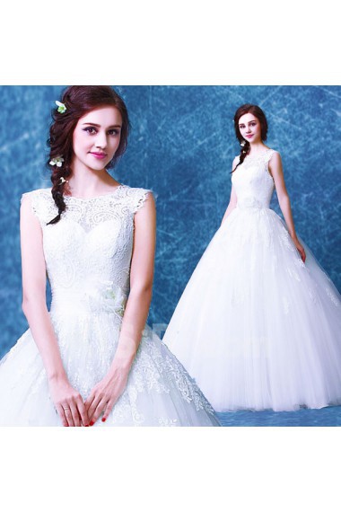 Tulle, Lace Jewel Floor Length Cap Sleeve Ball Gown Dress with Sash