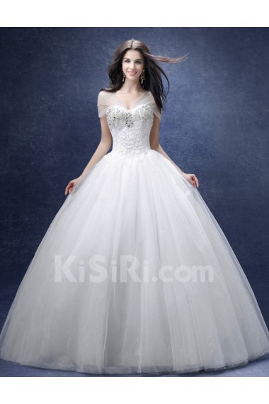 Lace, Organza V-neck Floor Length Cap Sleeve Ball Gown Dress with Rhinestone