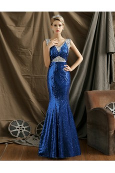 Sequins V-neck Floor Length Sleeveless Meimaid Dress with Rhinestone