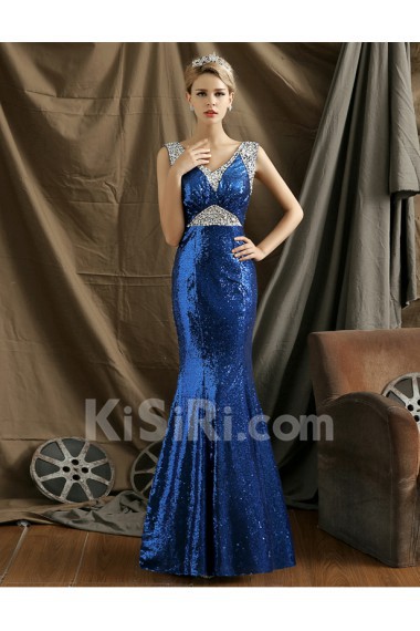 Sequins V-neck Floor Length Sleeveless Meimaid Dress with Rhinestone