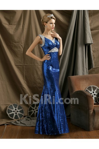 Sequins V-neck Floor Length Sleeveless Meimaid Dress with Rhinestone