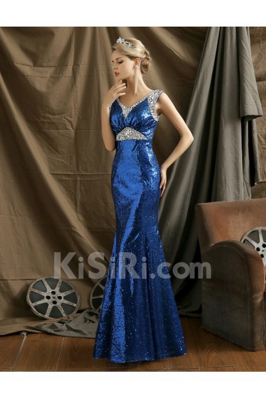 Sequins V-neck Floor Length Sleeveless Meimaid Dress with Rhinestone