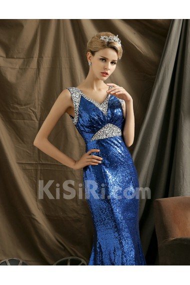 Sequins V-neck Floor Length Sleeveless Meimaid Dress with Rhinestone