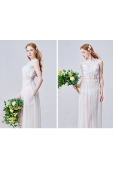 Tulle Jewel Floor Length Sleeveless Column Dress with Lace