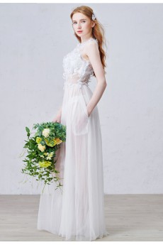 Tulle Jewel Floor Length Sleeveless Column Dress with Lace