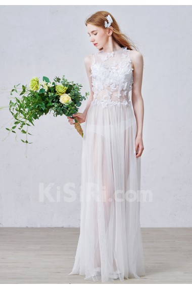 Tulle Jewel Floor Length Sleeveless Column Dress with Lace