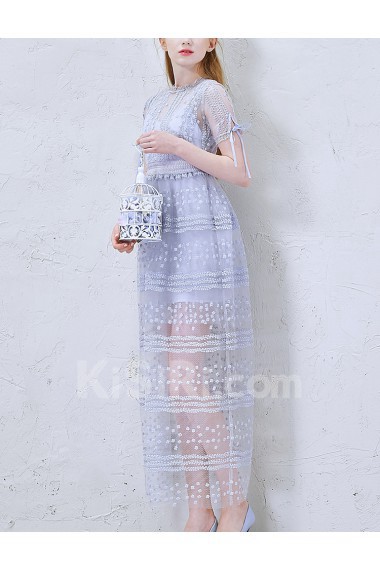 Lace High Collar Ankle-Length Short Sleeve A-line Dress with Handmade Flowers