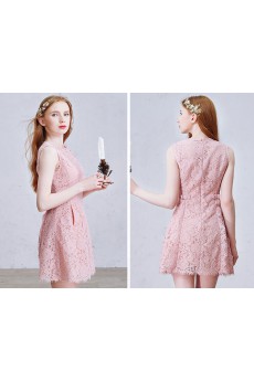 Lace Jewel Mini/Short Sleeveless A-line Dress