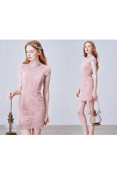 Lace High Collar Mini/Short Cap Sleeve Sheath Dress