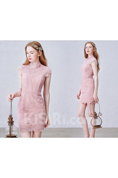 Lace High Collar Mini/Short Cap Sleeve Sheath Dress