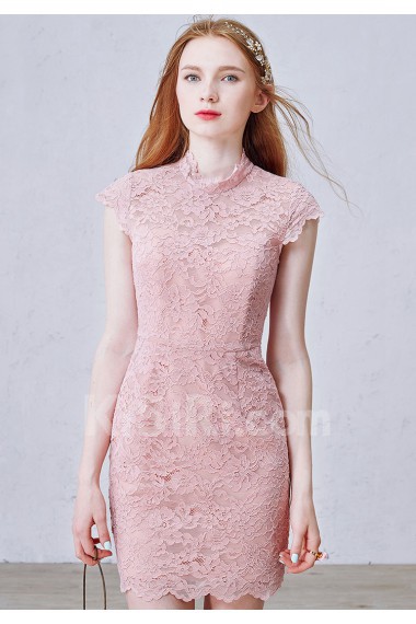 Lace High Collar Mini/Short Cap Sleeve Sheath Dress